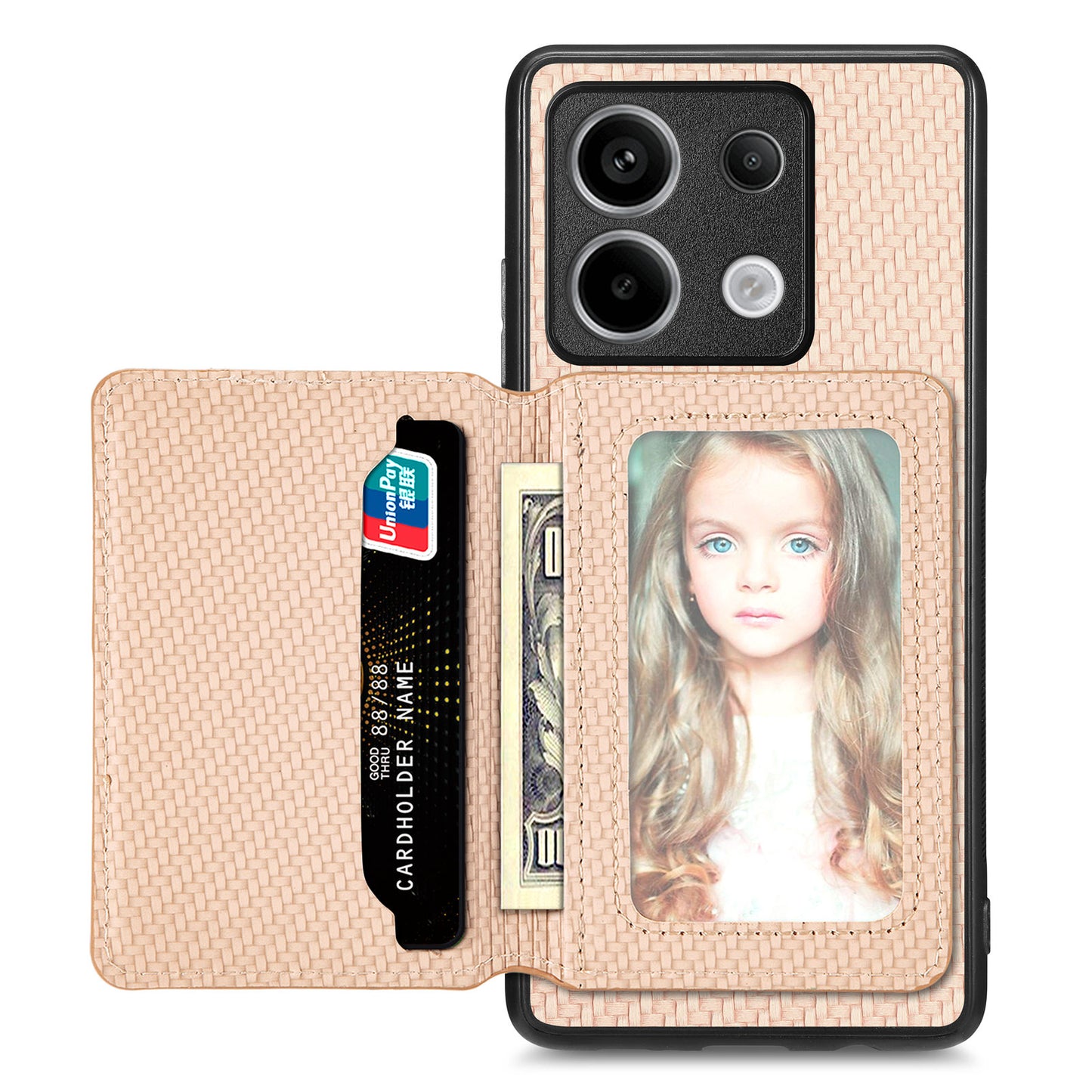 For Xiaomi Redmi Note 13 Pro 5G / Poco X6 5G Case Slim-Fit Kickstand Carbon Fiber Texture Protective Shell - Khaki