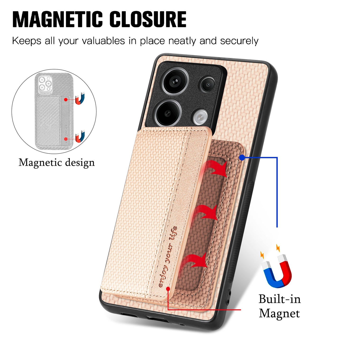 For Xiaomi Redmi Note 13 Pro 5G / Poco X6 5G Case Slim-Fit Kickstand Carbon Fiber Texture Protective Shell - Khaki