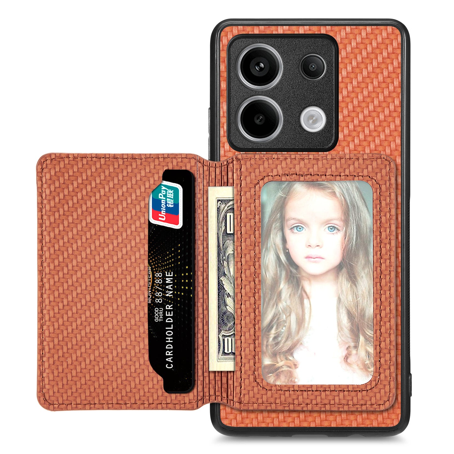 For Xiaomi Redmi Note 13 Pro 5G / Poco X6 5G Case Slim-Fit Kickstand Carbon Fiber Texture Protective Shell - Brown