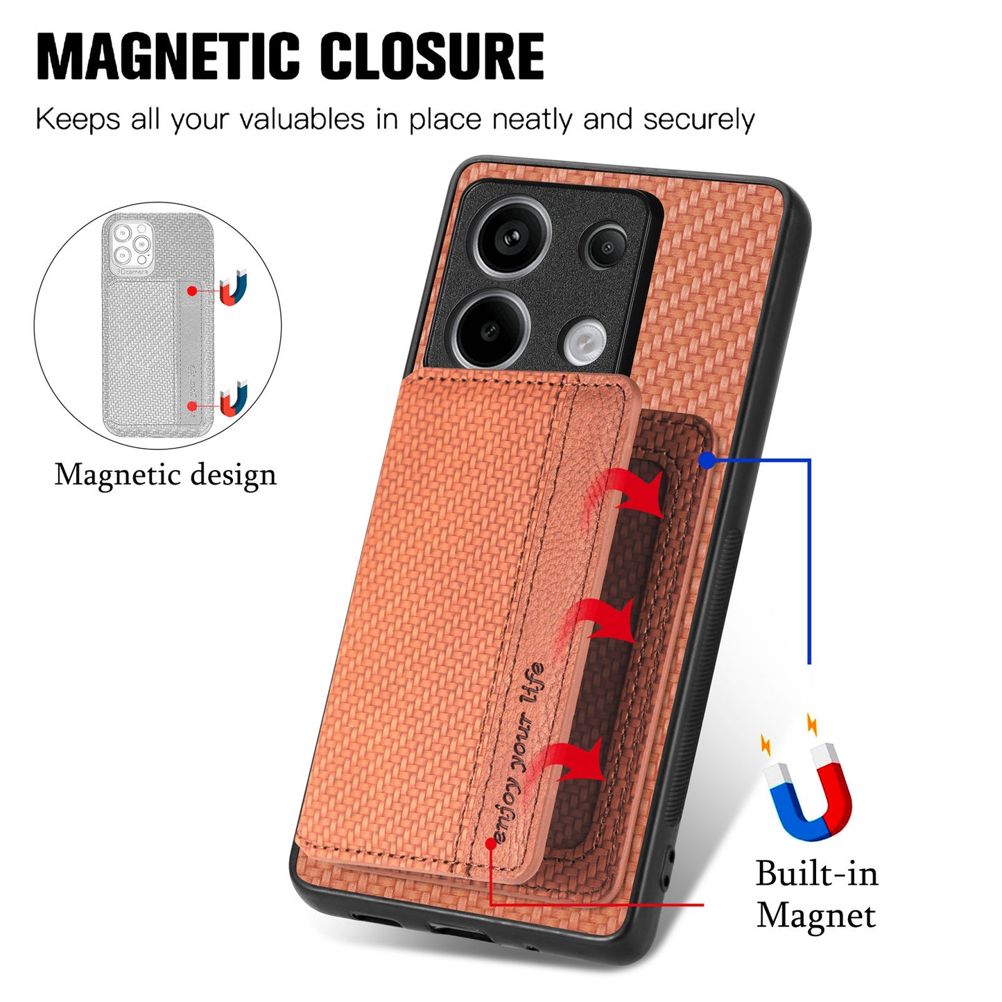 For Xiaomi Redmi Note 13 Pro 5G / Poco X6 5G Case Slim-Fit Kickstand Carbon Fiber Texture Protective Shell - Brown