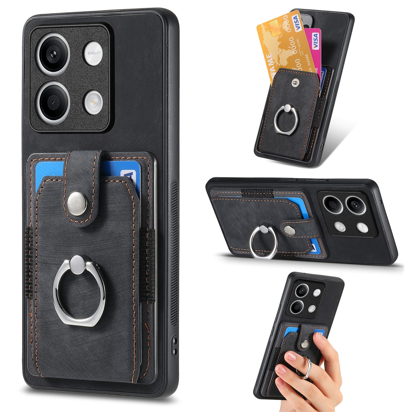 D2 For Xiaomi Redmi Note 13 5G Phone Case Vintage Texture Rotation Ring Holder Card Slots - Black