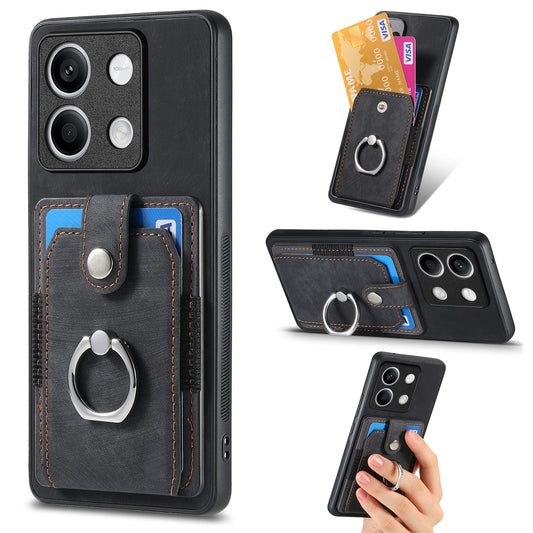 D2 For Xiaomi Redmi Note 13 5G Phone Case Vintage Texture Rotation Ring Holder Card Slots - Black