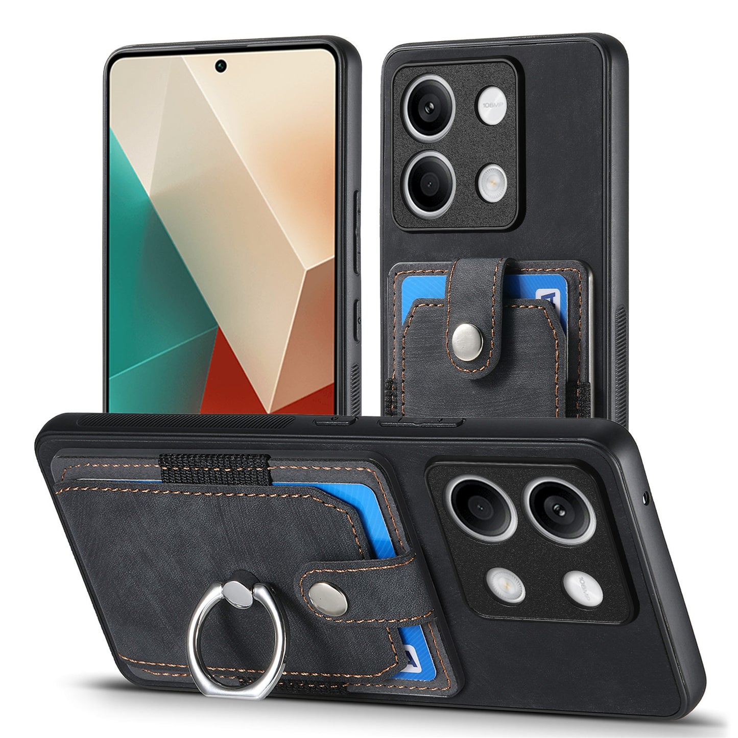 D2 For Xiaomi Redmi Note 13 5G Phone Case Vintage Texture Rotation Ring Holder Card Slots - Black