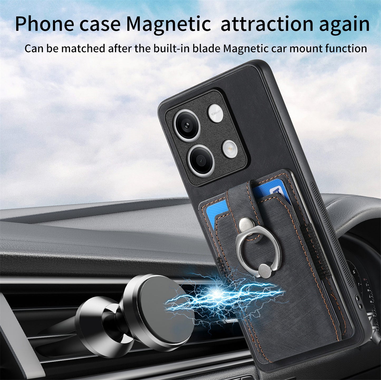 D2 For Xiaomi Redmi Note 13 5G Phone Case Vintage Texture Rotation Ring Holder Card Slots - Black