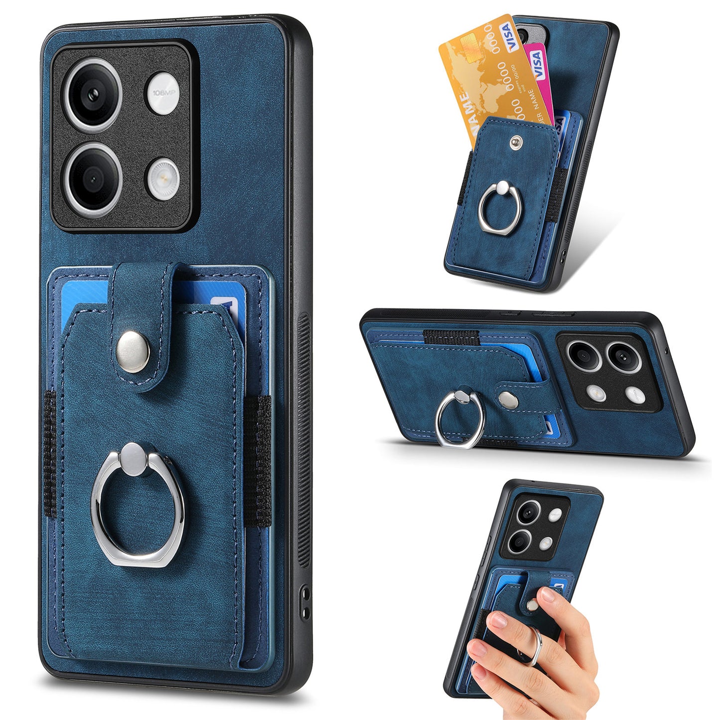 D2 For Xiaomi Redmi Note 13 5G Phone Case Vintage Texture Rotation Ring Holder Card Slots - Blue