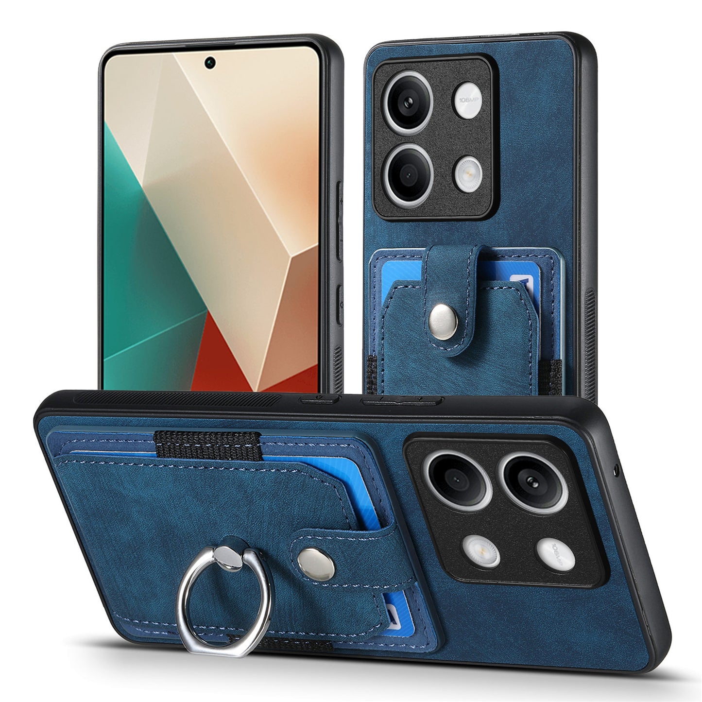 D2 For Xiaomi Redmi Note 13 5G Phone Case Vintage Texture Rotation Ring Holder Card Slots - Blue