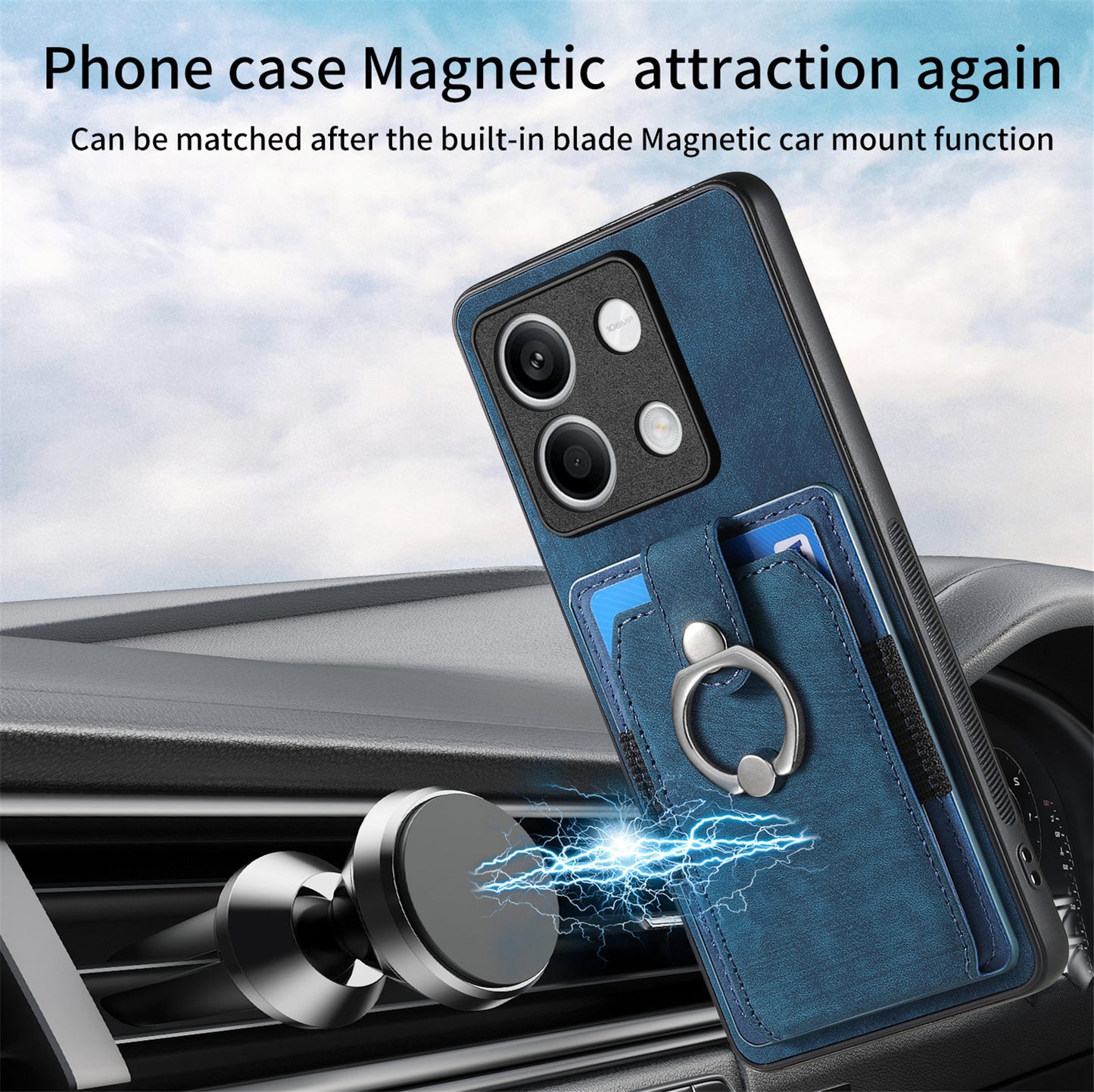 D2 For Xiaomi Redmi Note 13 5G Phone Case Vintage Texture Rotation Ring Holder Card Slots - Blue