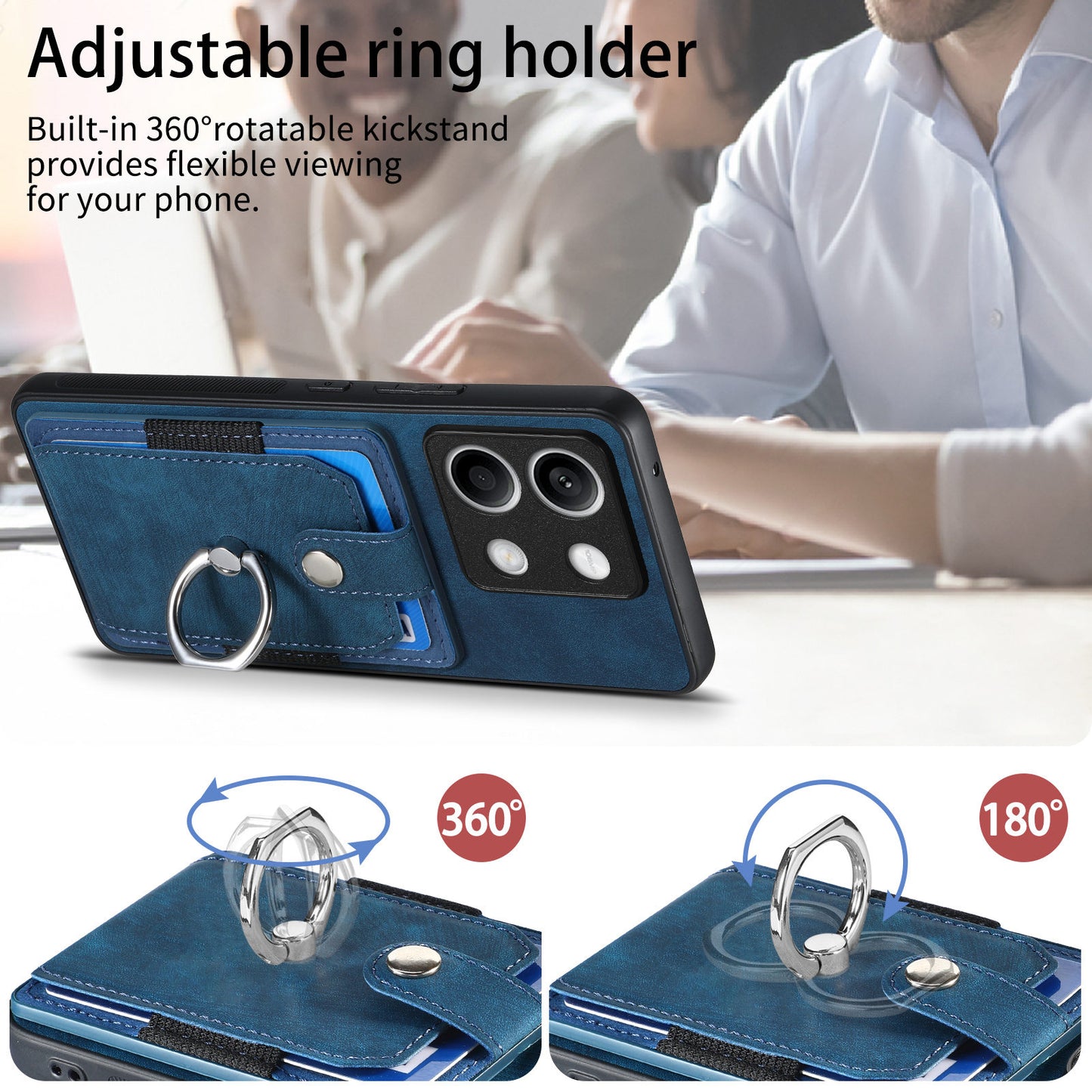 D2 For Xiaomi Redmi Note 13 5G Phone Case Vintage Texture Rotation Ring Holder Card Slots - Blue