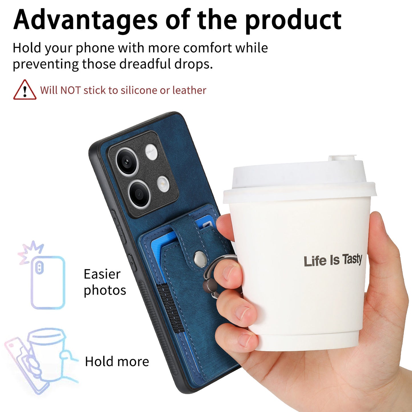 D2 For Xiaomi Redmi Note 13 5G Phone Case Vintage Texture Rotation Ring Holder Card Slots - Blue