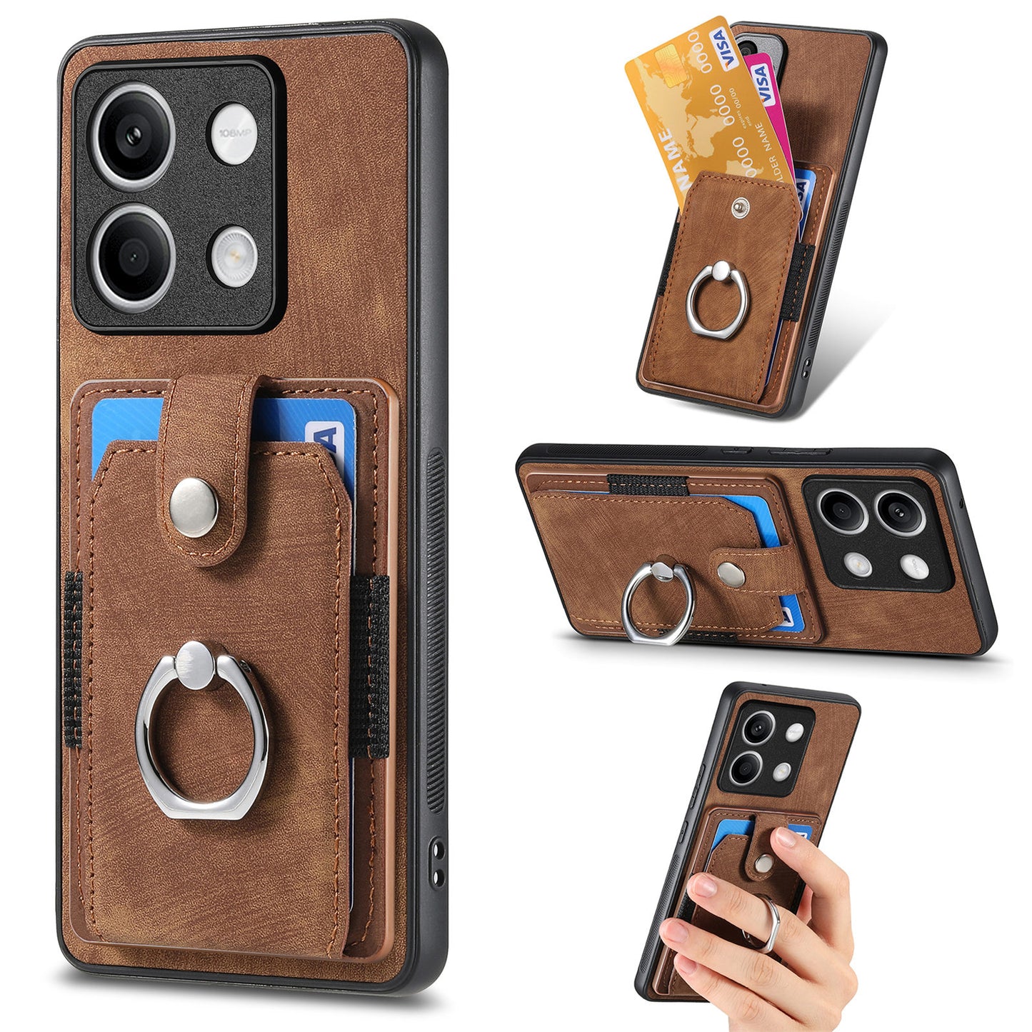 D2 For Xiaomi Redmi Note 13 5G Phone Case Vintage Texture Rotation Ring Holder Card Slots - Brown