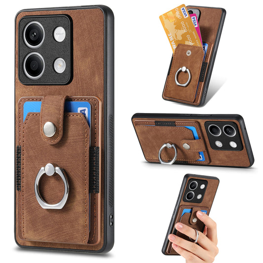 D2 For Xiaomi Redmi Note 13 5G Phone Case Vintage Texture Rotation Ring Holder Card Slots - Brown