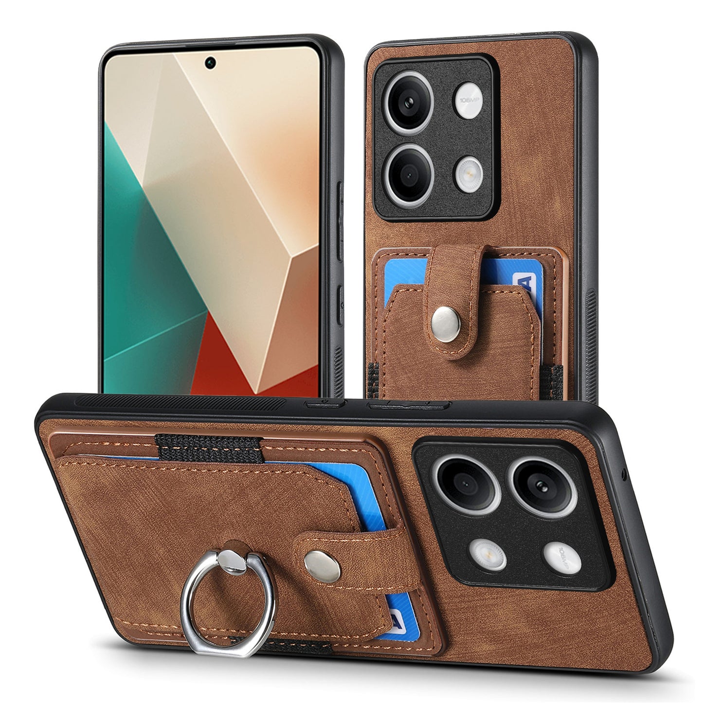 D2 For Xiaomi Redmi Note 13 5G Phone Case Vintage Texture Rotation Ring Holder Card Slots - Brown