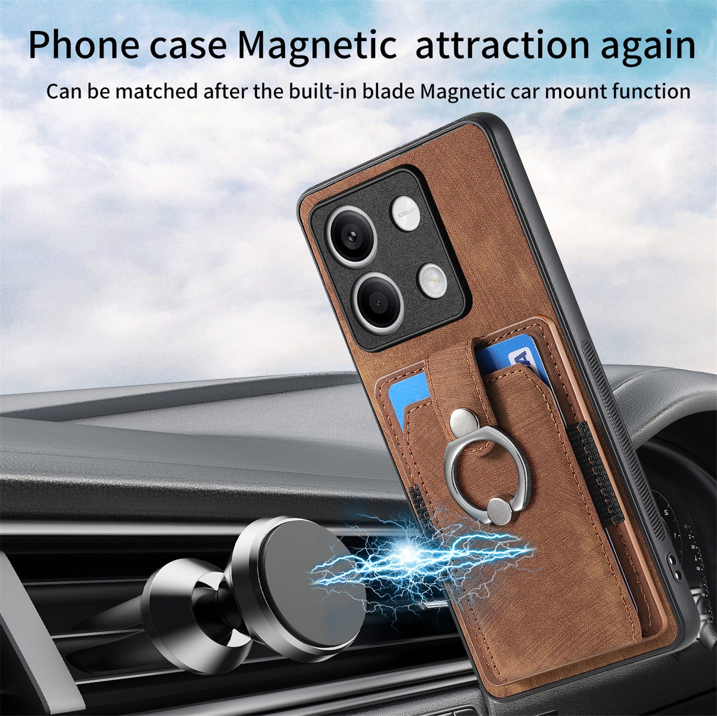D2 For Xiaomi Redmi Note 13 5G Phone Case Vintage Texture Rotation Ring Holder Card Slots - Brown