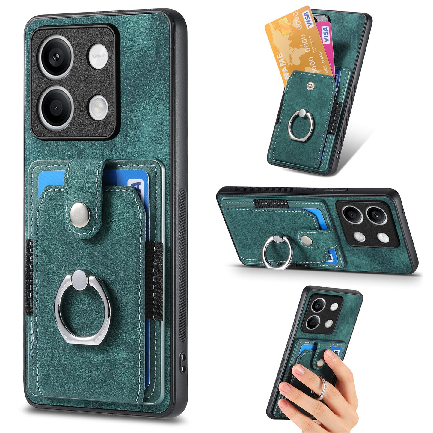 D2 For Xiaomi Redmi Note 13 5G Phone Case Vintage Texture Rotation Ring Holder Card Slots - Green