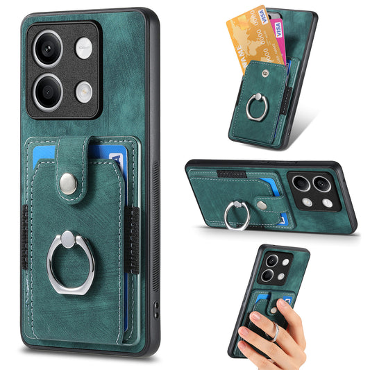 D2 For Xiaomi Redmi Note 13 5G Phone Case Vintage Texture Rotation Ring Holder Card Slots - Green
