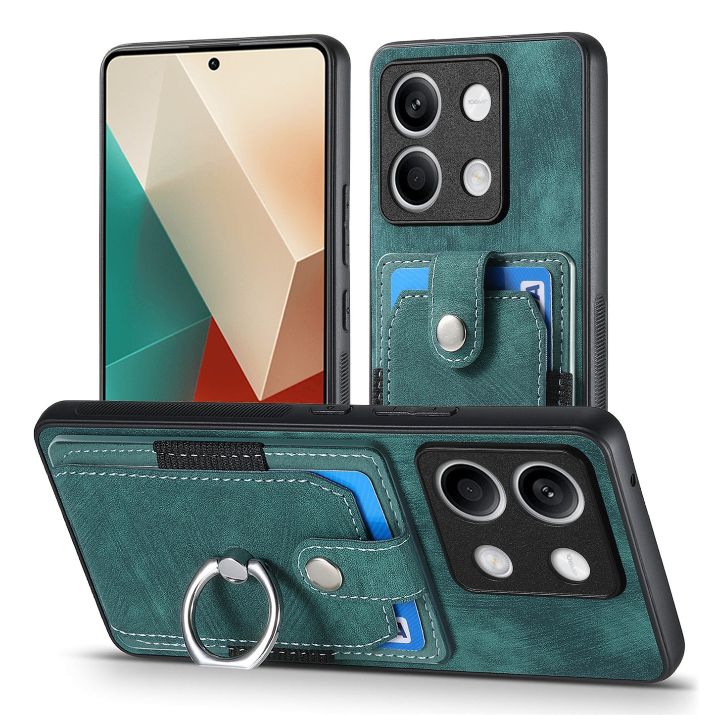 D2 For Xiaomi Redmi Note 13 5G Phone Case Vintage Texture Rotation Ring Holder Card Slots - Green