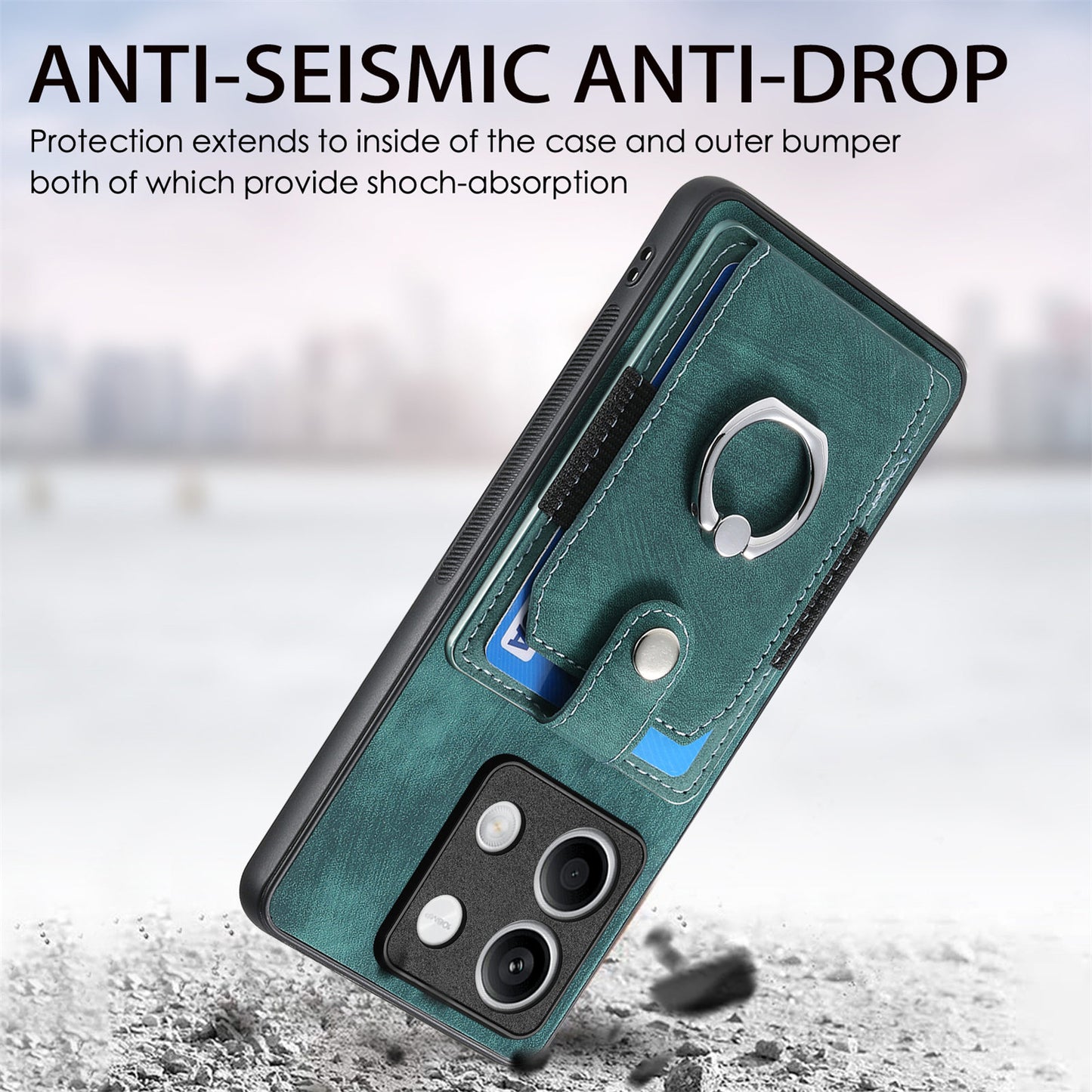 D2 For Xiaomi Redmi Note 13 5G Phone Case Vintage Texture Rotation Ring Holder Card Slots - Green