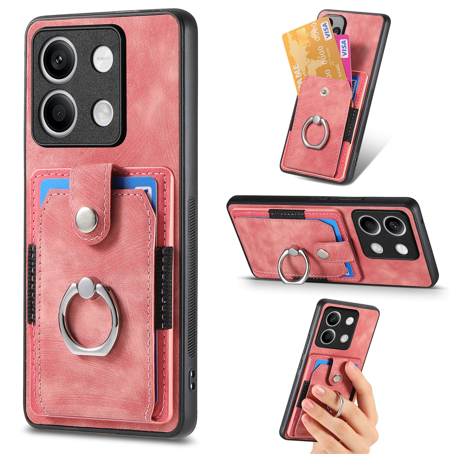 D2 For Xiaomi Redmi Note 13 5G Phone Case Vintage Texture Rotation Ring Holder Card Slots - Pink