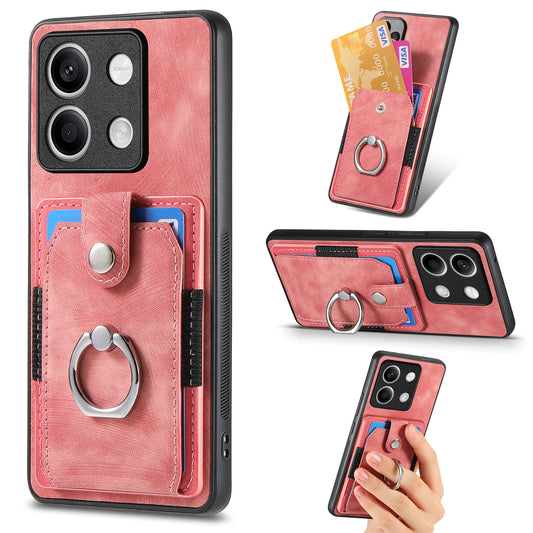 D2 For Xiaomi Redmi Note 13 5G Phone Case Vintage Texture Rotation Ring Holder Card Slots - Pink