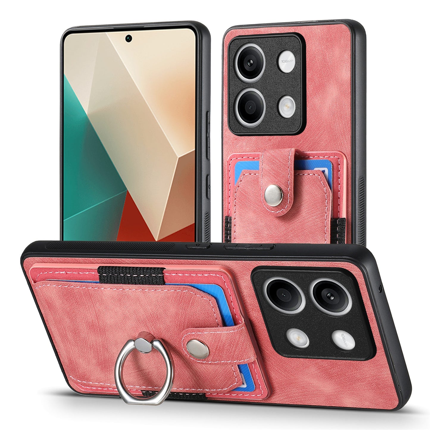 D2 For Xiaomi Redmi Note 13 5G Phone Case Vintage Texture Rotation Ring Holder Card Slots - Pink