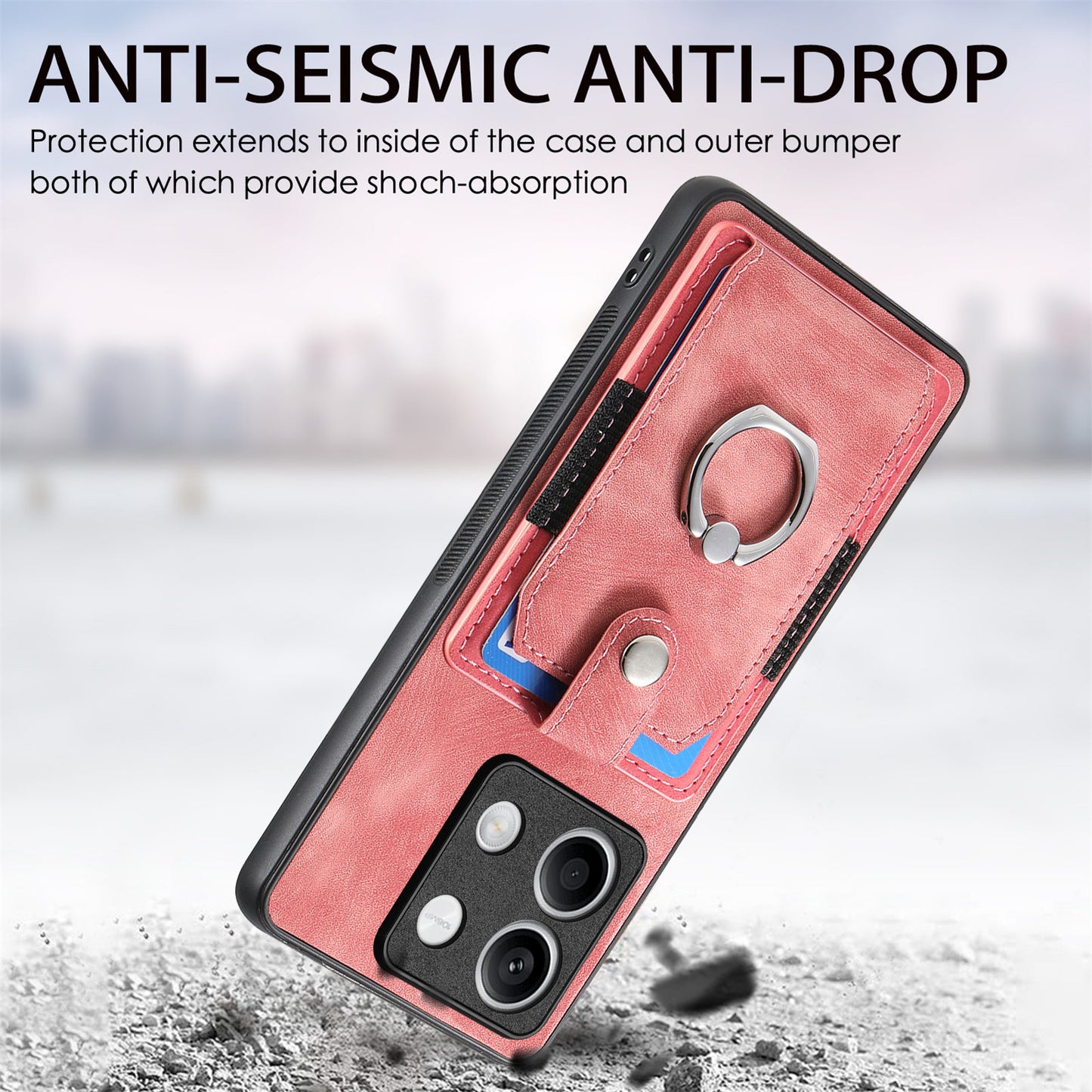 D2 For Xiaomi Redmi Note 13 5G Phone Case Vintage Texture Rotation Ring Holder Card Slots - Pink