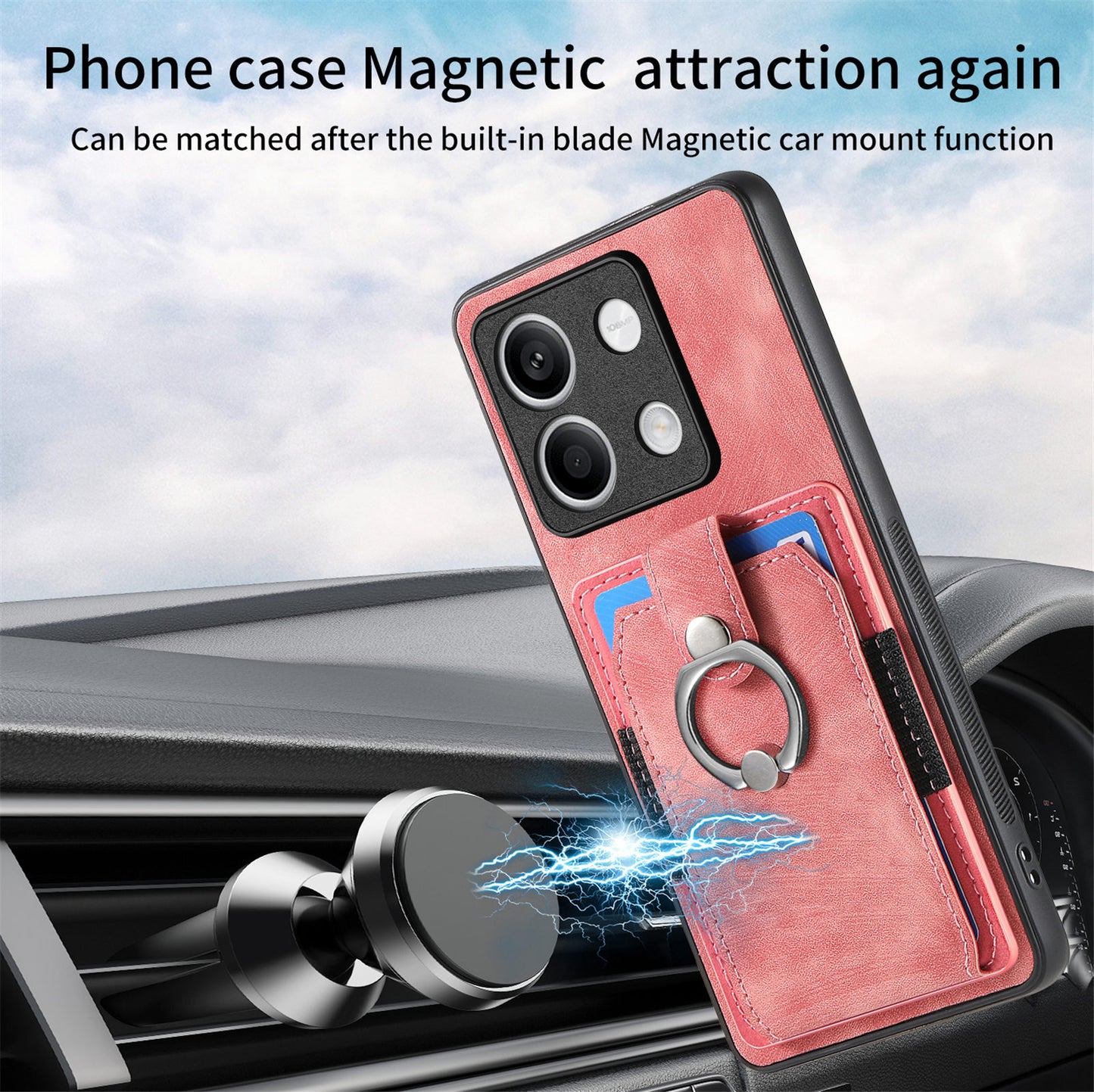 D2 For Xiaomi Redmi Note 13 5G Phone Case Vintage Texture Rotation Ring Holder Card Slots - Pink