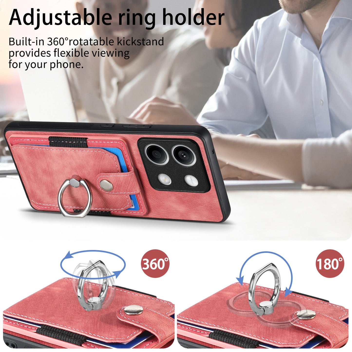 D2 For Xiaomi Redmi Note 13 5G Phone Case Vintage Texture Rotation Ring Holder Card Slots - Pink