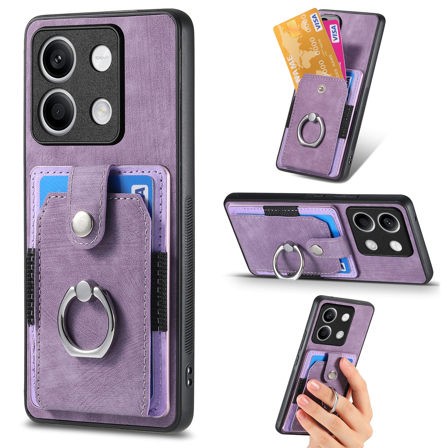 D2 For Xiaomi Redmi Note 13 5G Phone Case Vintage Texture Rotation Ring Holder Card Slots - Purple