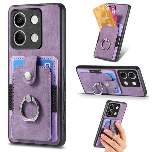 D2 For Xiaomi Redmi Note 13 5G Phone Case Vintage Texture Rotation Ring Holder Card Slots - Purple