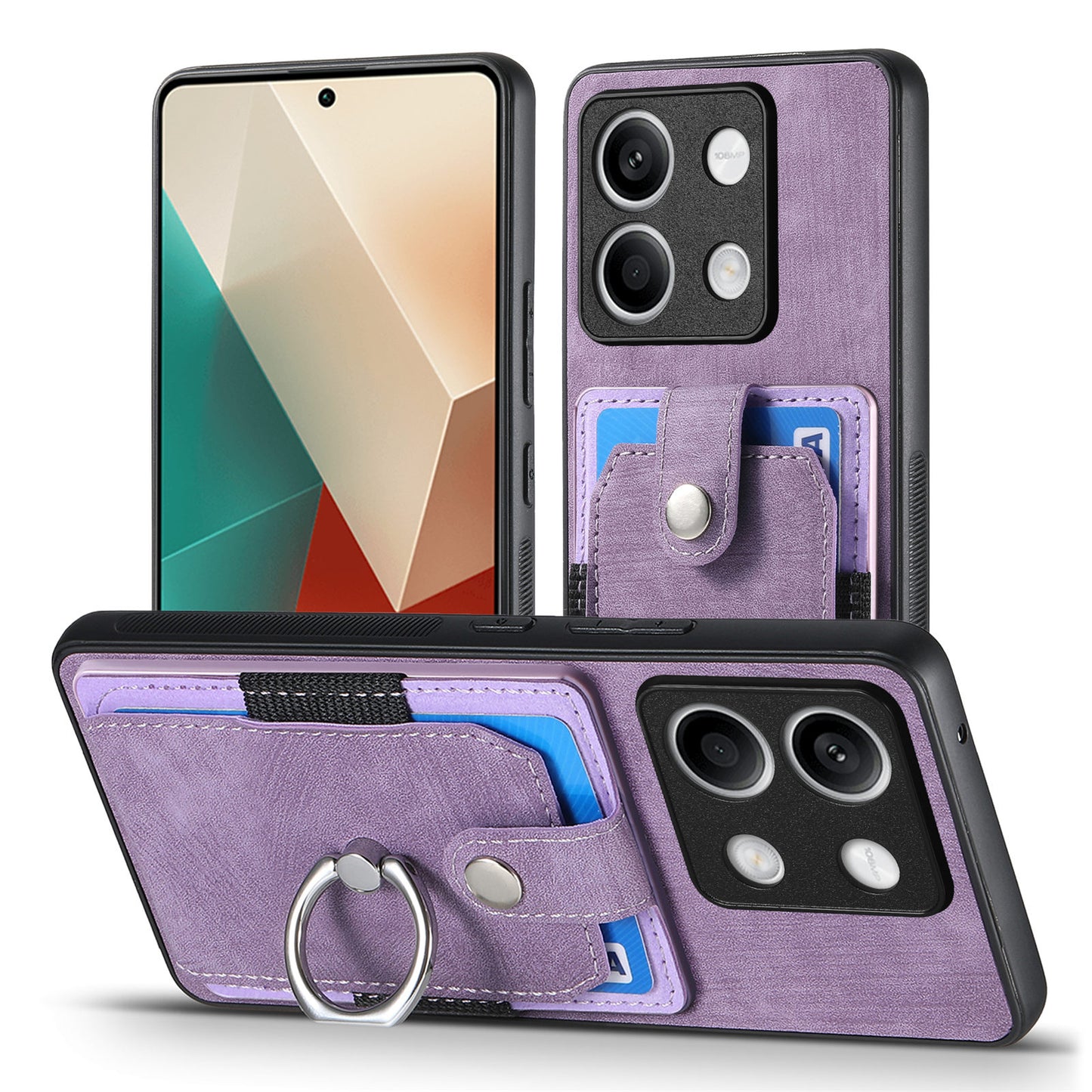 D2 For Xiaomi Redmi Note 13 5G Phone Case Vintage Texture Rotation Ring Holder Card Slots - Purple