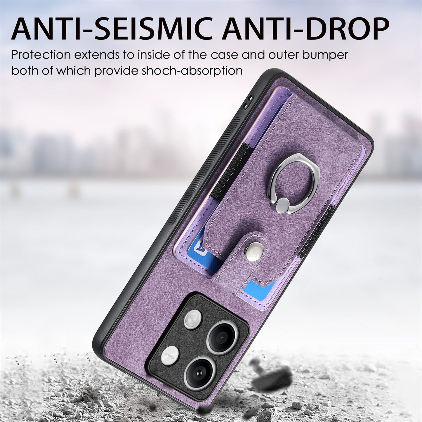 D2 For Xiaomi Redmi Note 13 5G Phone Case Vintage Texture Rotation Ring Holder Card Slots - Purple