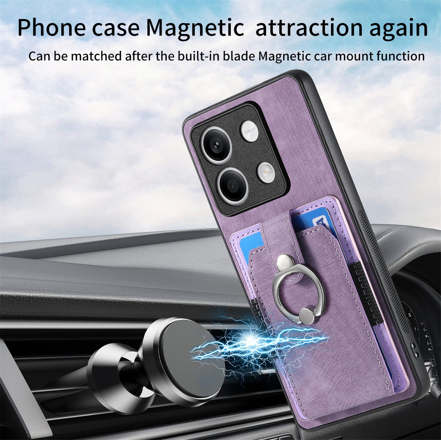 D2 For Xiaomi Redmi Note 13 5G Phone Case Vintage Texture Rotation Ring Holder Card Slots - Purple