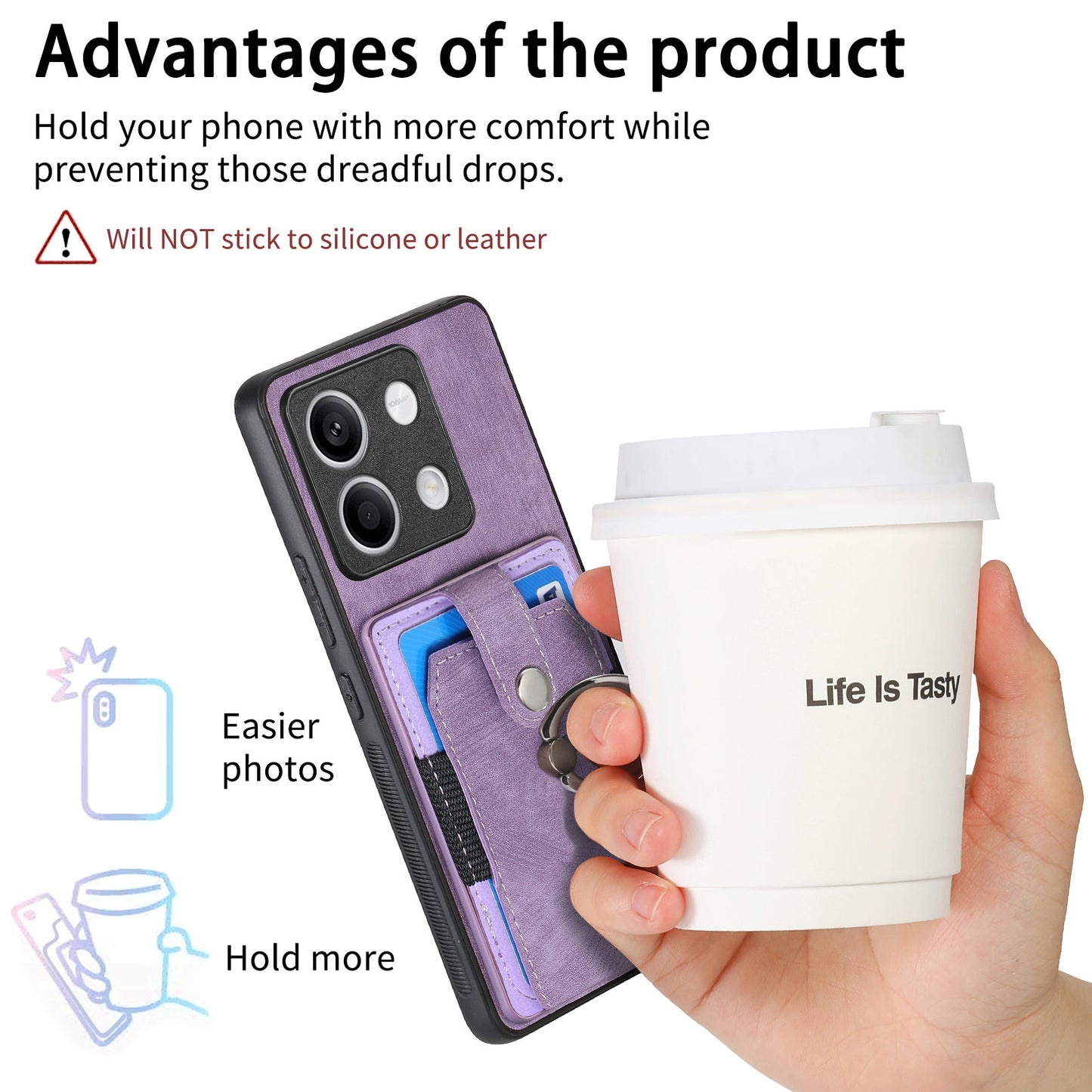 D2 For Xiaomi Redmi Note 13 5G Phone Case Vintage Texture Rotation Ring Holder Card Slots - Purple