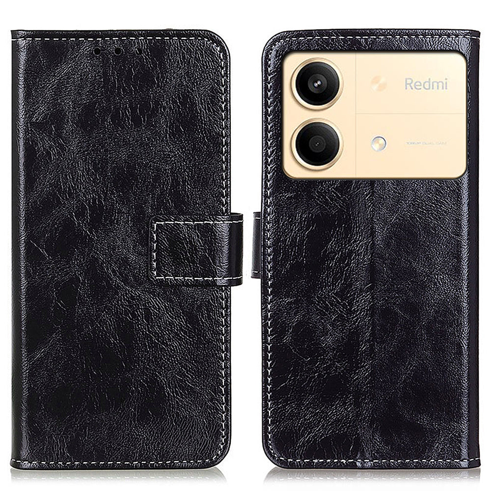 For Xiaomi Redmi Note 13R Pro 5G Magnetic Case Crazy Horse Texture Vintage Stand Cover - Black