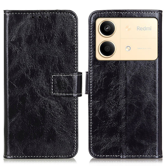 For Xiaomi Redmi Note 13R Pro 5G Magnetic Case Crazy Horse Texture Vintage Stand Cover - Black
