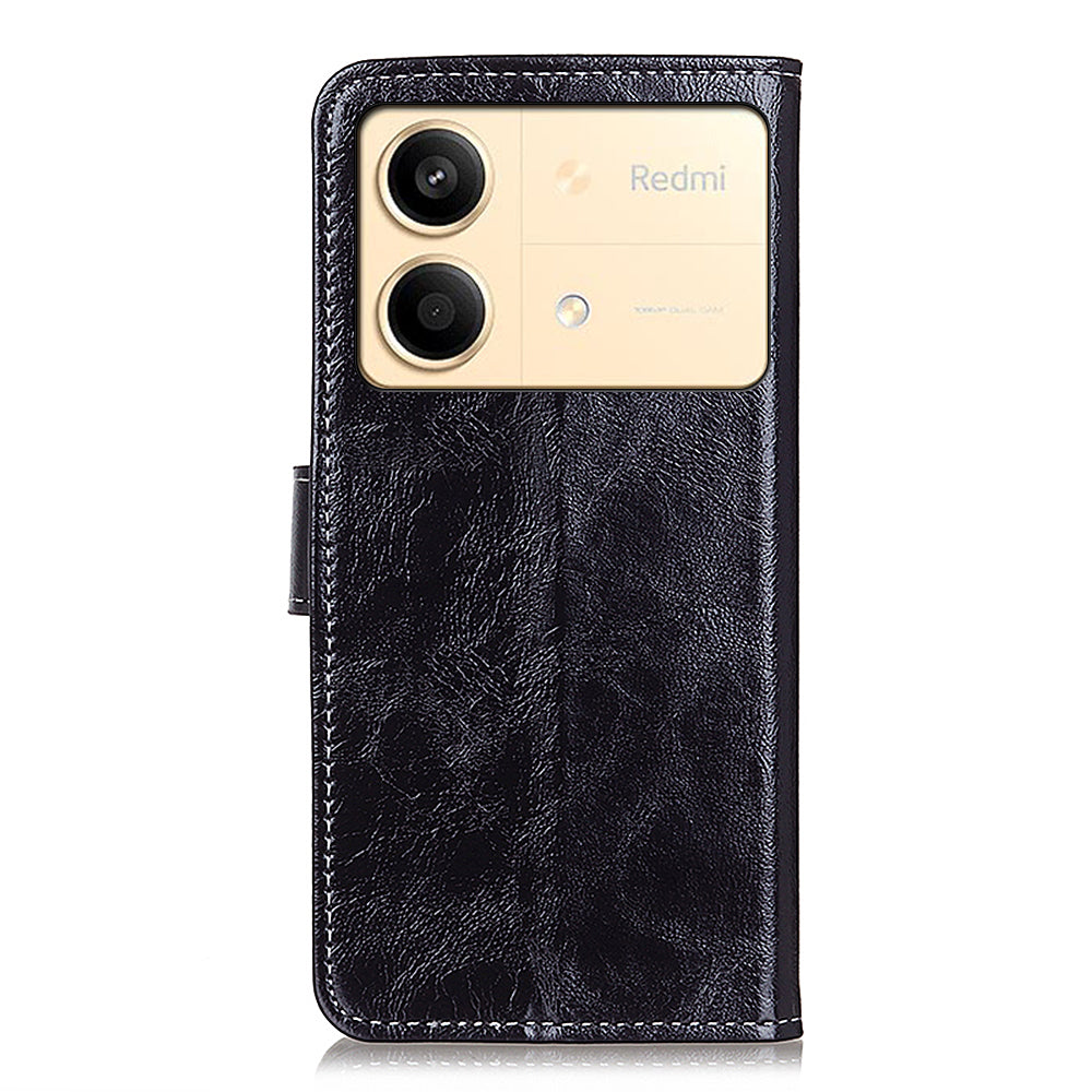 For Xiaomi Redmi Note 13R Pro 5G Magnetic Case Crazy Horse Texture Vintage Stand Cover - Black