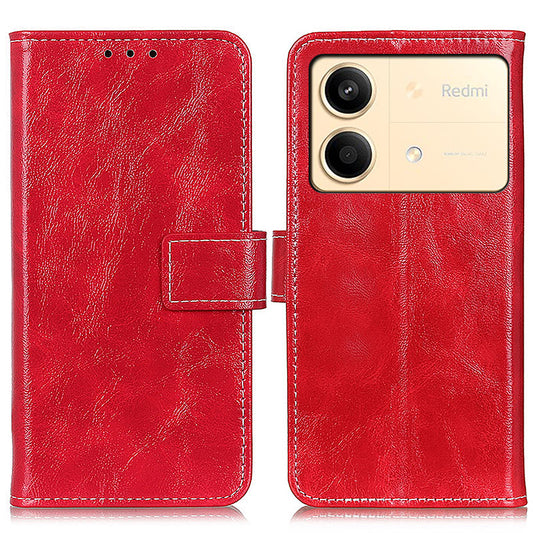 For Xiaomi Redmi Note 13R Pro 5G Magnetic Case Crazy Horse Texture Vintage Stand Cover - Red