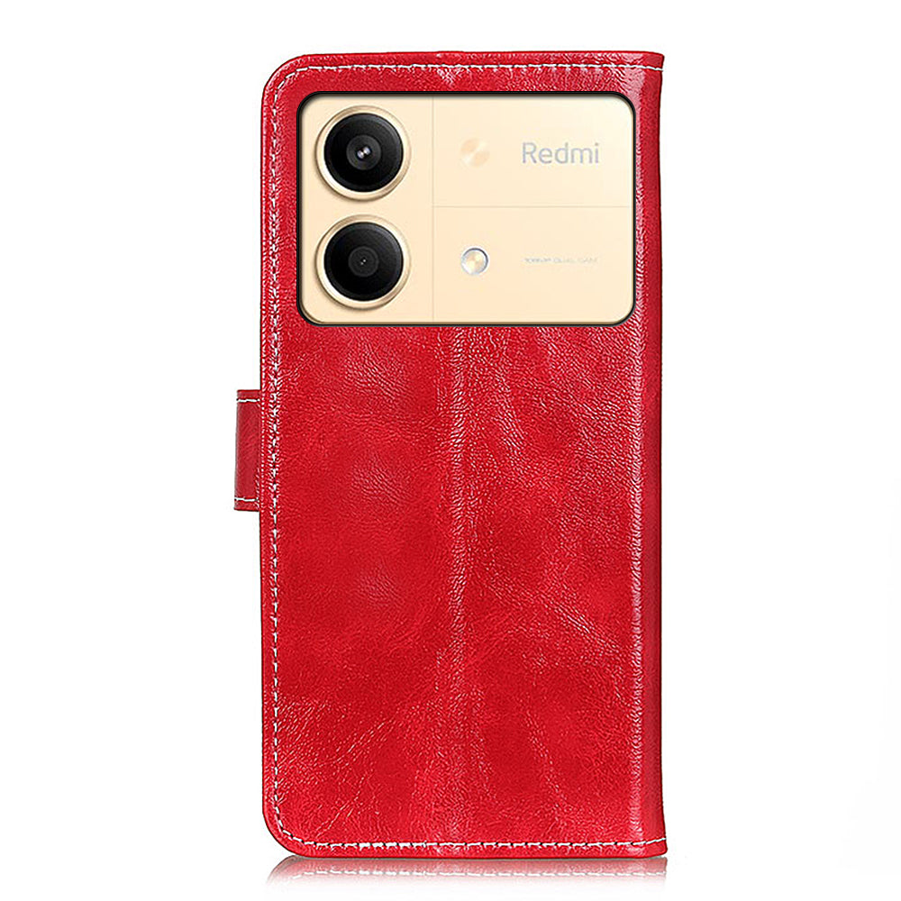 For Xiaomi Redmi Note 13R Pro 5G Magnetic Case Crazy Horse Texture Vintage Stand Cover - Red