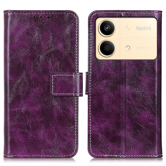 For Xiaomi Redmi Note 13R Pro 5G Magnetic Case Crazy Horse Texture Vintage Stand Cover - Purple