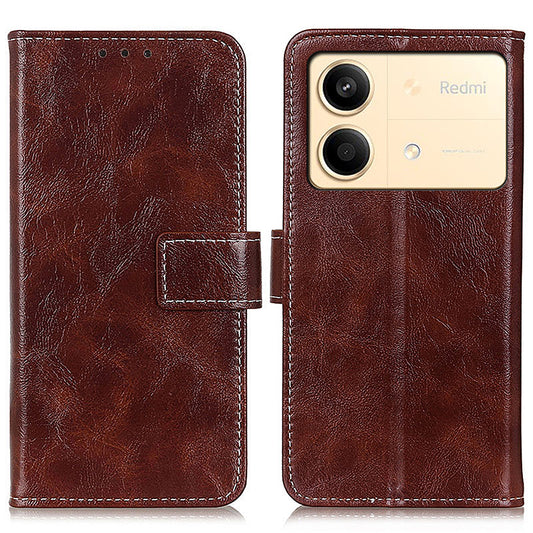 For Xiaomi Redmi Note 13R Pro 5G Magnetic Case Crazy Horse Texture Vintage Stand Cover - Brown