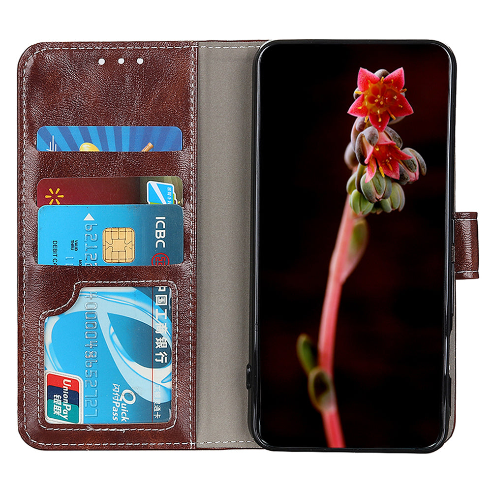 For Xiaomi Redmi Note 13R Pro 5G Magnetic Case Crazy Horse Texture Vintage Stand Cover - Brown