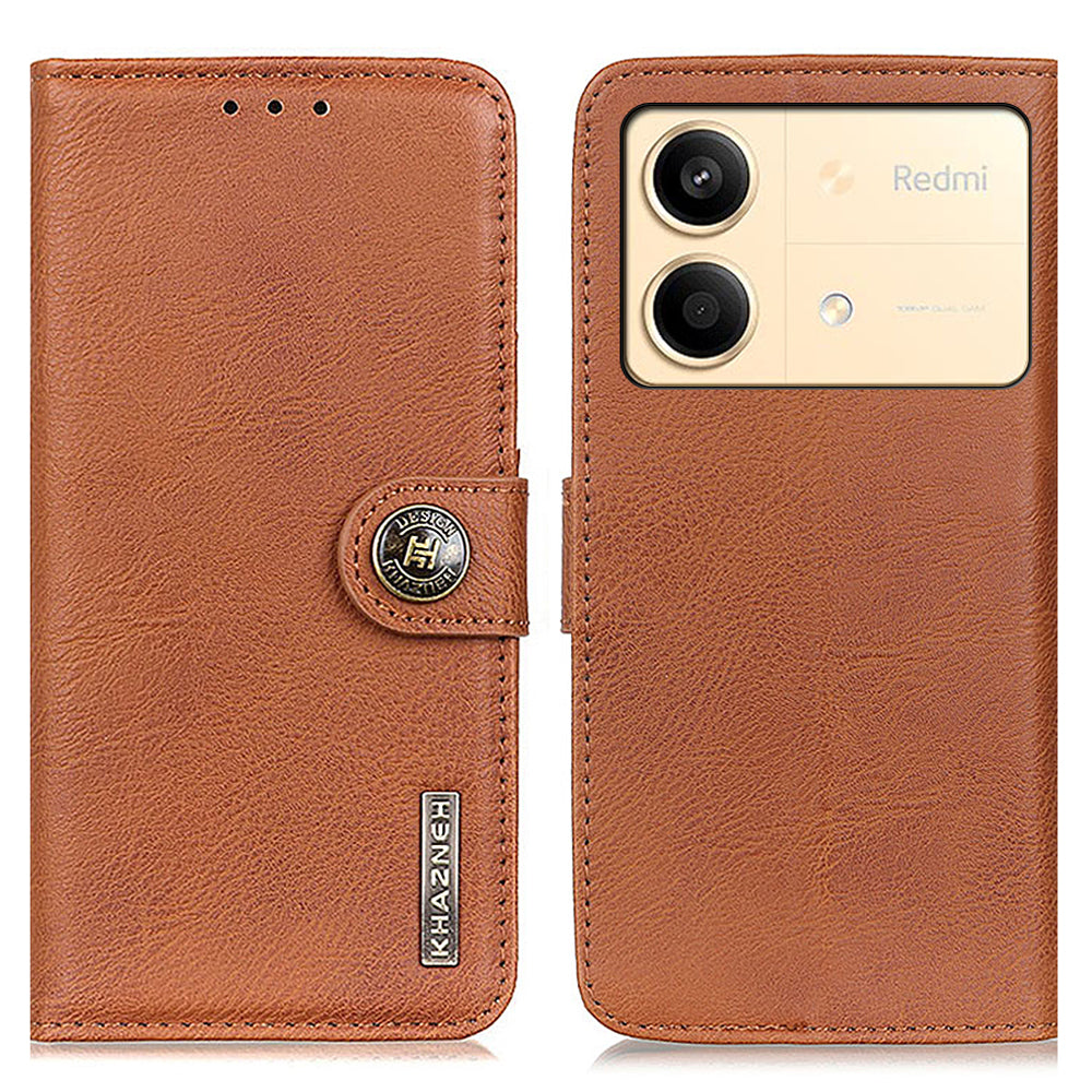 KHAZNEH For Xiaomi Redmi Note 13R Pro 5G Phone Case Cowhide Texture PU Leather Cover - Brown