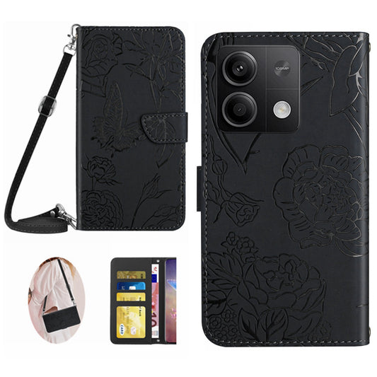 HT03 For Xiaomi Redmi Note 13 4G Cell Phone Case Imprinted Leather Cover with Long Strap - Black