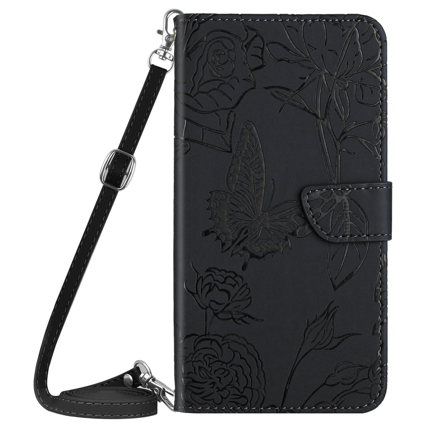 HT03 For Xiaomi Redmi Note 13 4G Cell Phone Case Imprinted Leather Cover with Long Strap - Black