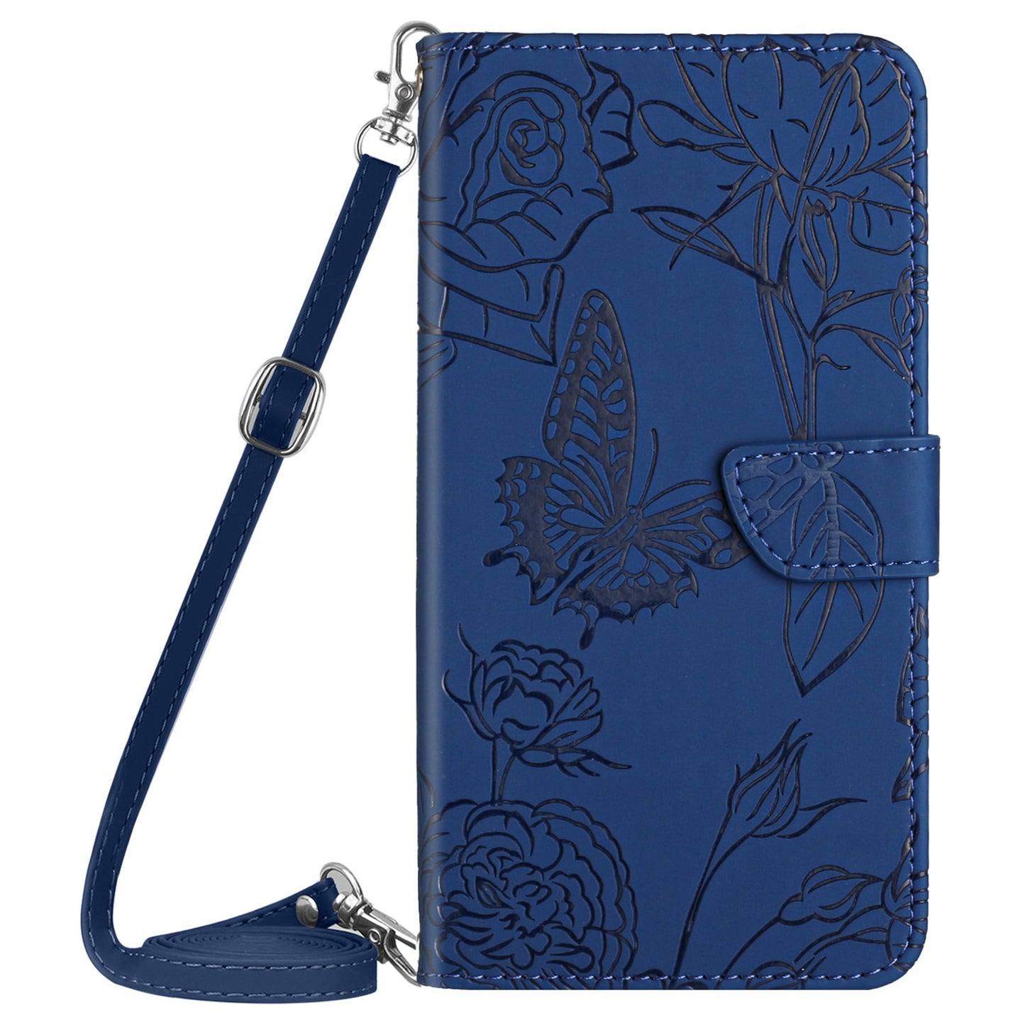 HT03 For Xiaomi Redmi Note 13 4G Cell Phone Case Imprinted Leather Cover with Long Strap - Blue