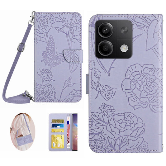 HT03 For Xiaomi Redmi Note 13 4G Cell Phone Case Imprinted Leather Cover with Long Strap - Purple