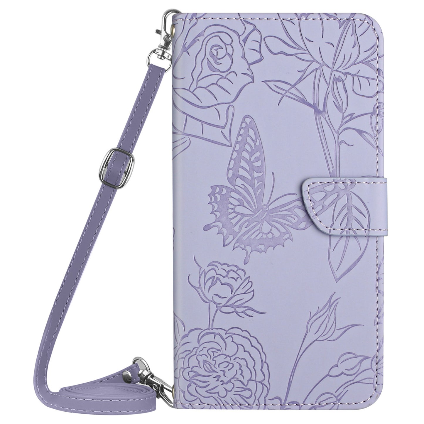 HT03 For Xiaomi Redmi Note 13 4G Cell Phone Case Imprinted Leather Cover with Long Strap - Purple