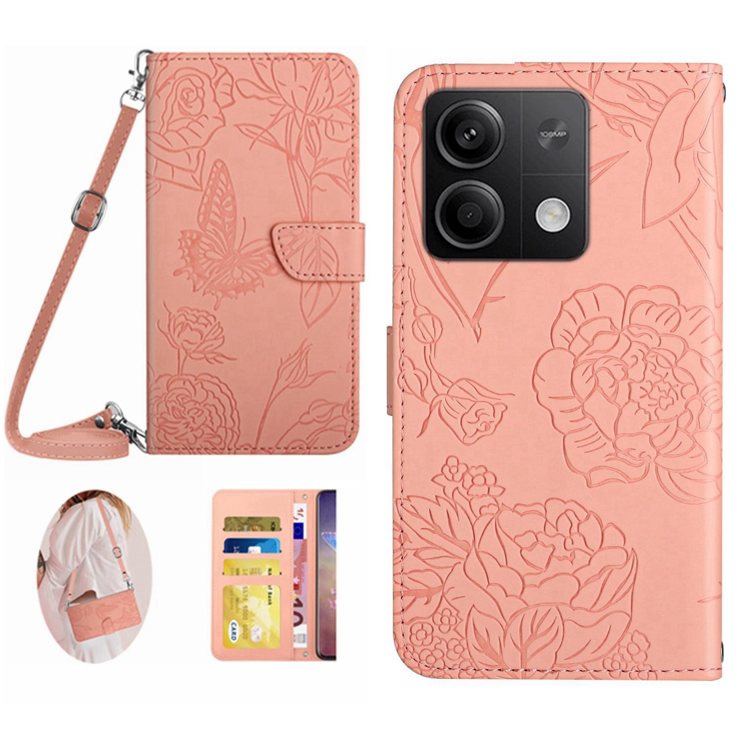 HT03 For Xiaomi Redmi Note 13 4G Cell Phone Case Imprinted Leather Cover with Long Strap - Pink