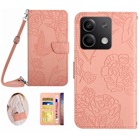 HT03 For Xiaomi Redmi Note 13 4G Cell Phone Case Imprinted Leather Cover with Long Strap - Pink