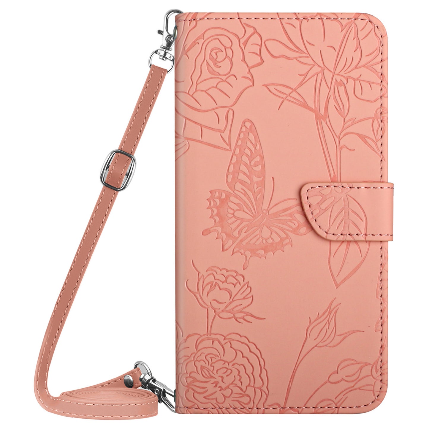 HT03 For Xiaomi Redmi Note 13 4G Cell Phone Case Imprinted Leather Cover with Long Strap - Pink